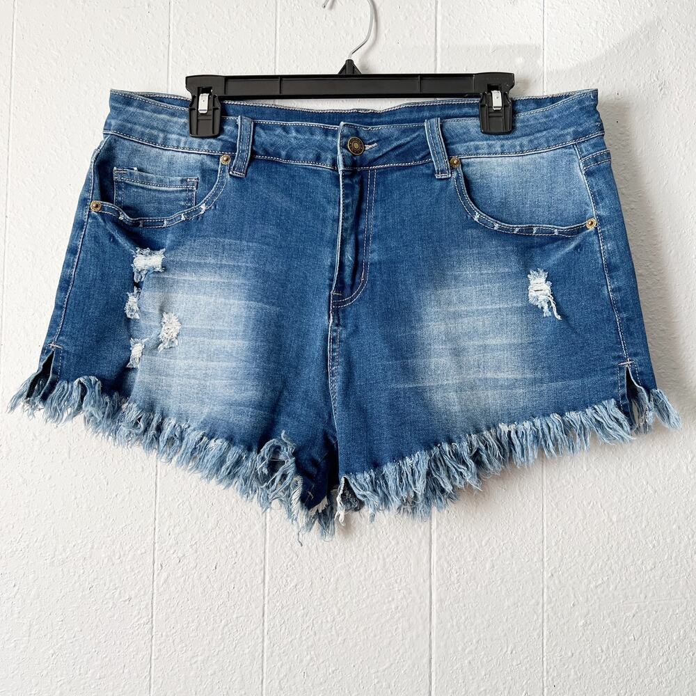 Women's Cut Off Denim Shorts XL Fringe Hem Distressed Mid Rise Western Cowgirl